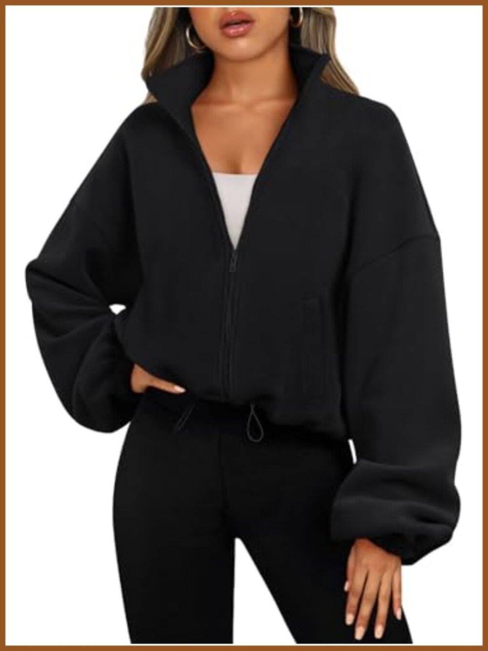 Oversized Cropped Fleece Jacket Zip Up Sweatshirt Long Sleeve